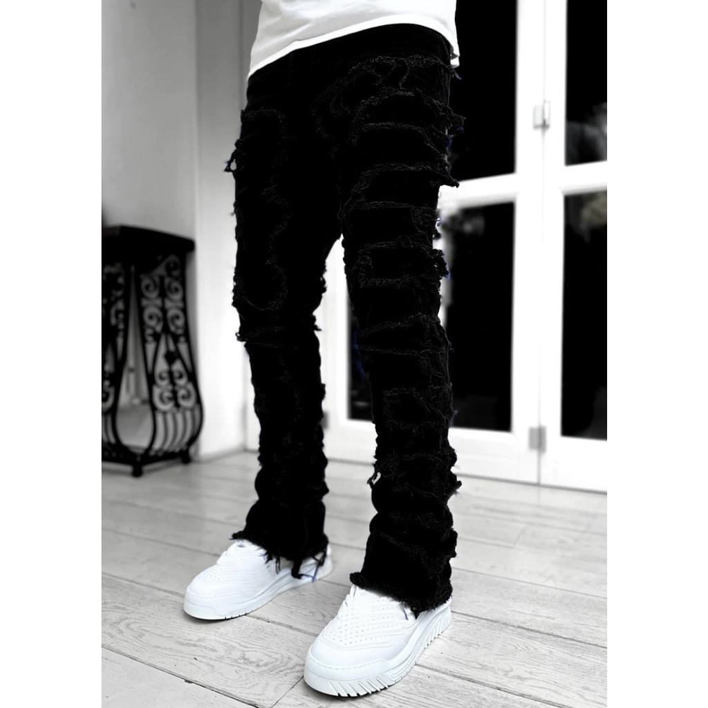 GLYDE Casual Distressed Men's Jeans Tassels Patchwork Design Vintage Washed Stretch Denim Pants Straight Fashion Streetwear Trousers