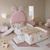 Upholstered Bed, Single Bed with Staircase and Children's Slide, Headboard with Bunny Ears, Children's Bed with Wooden Slats, PU, White+Pink, 90x200cm