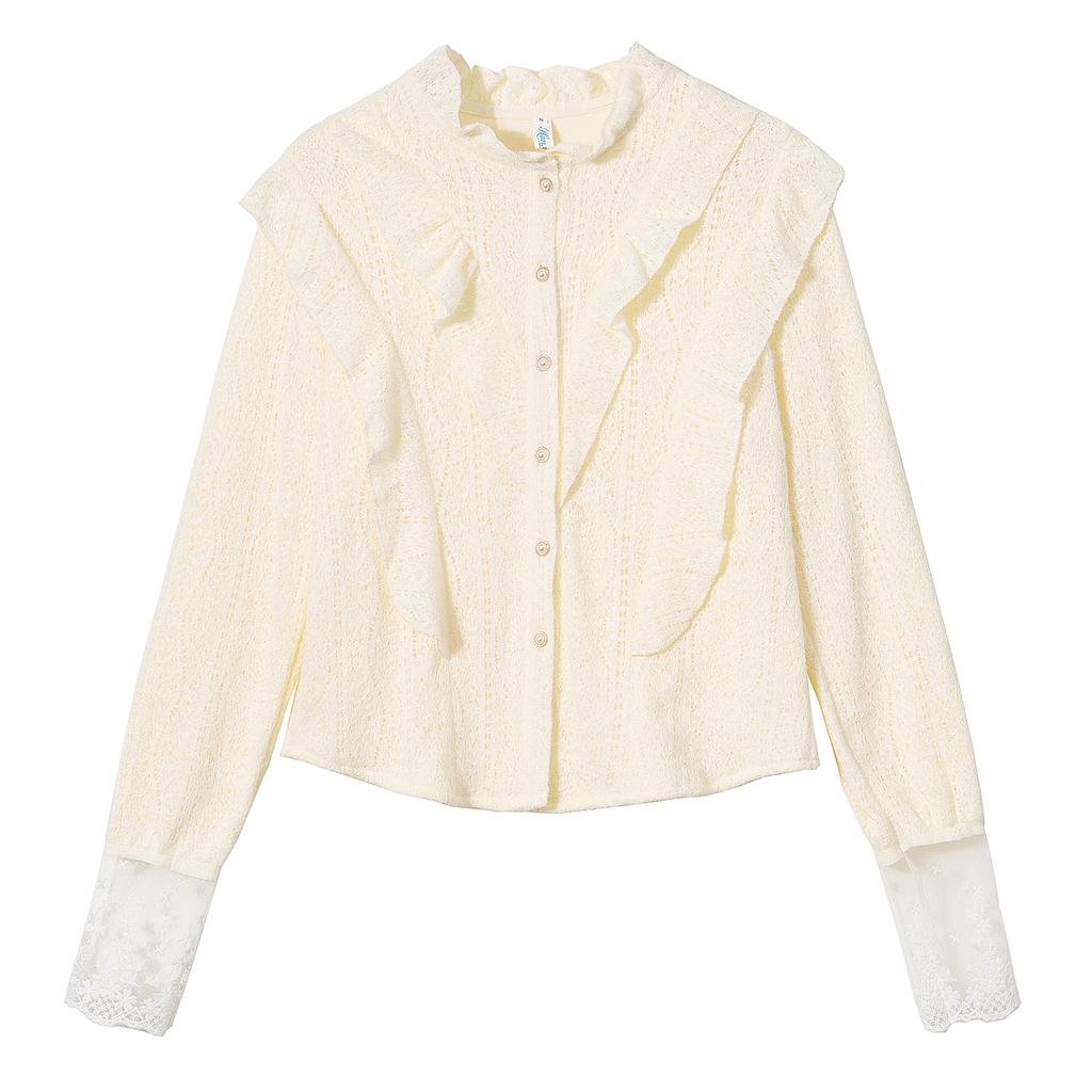 Мода 2024 Зима Длинный рукав Воротник-стойка Оборки Абрикосовый бархат Кружевная блузка Рубашка Женские топы Блузки Рубашки J790