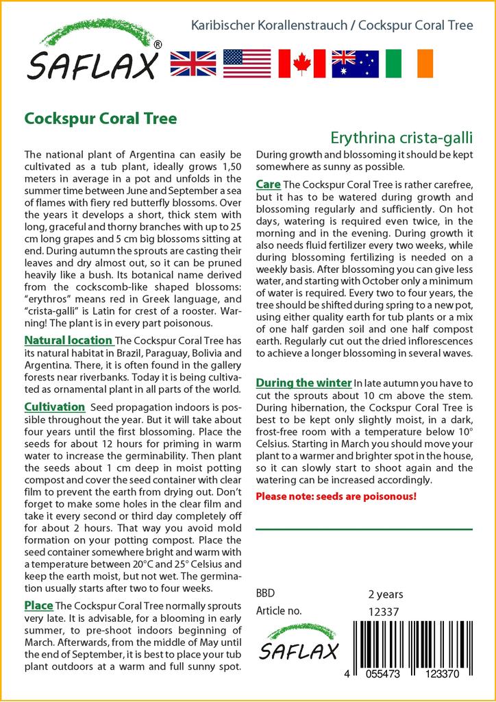 SAFLAX Cockspur Coral Tree - 6 семян - Erythrina cristagalli