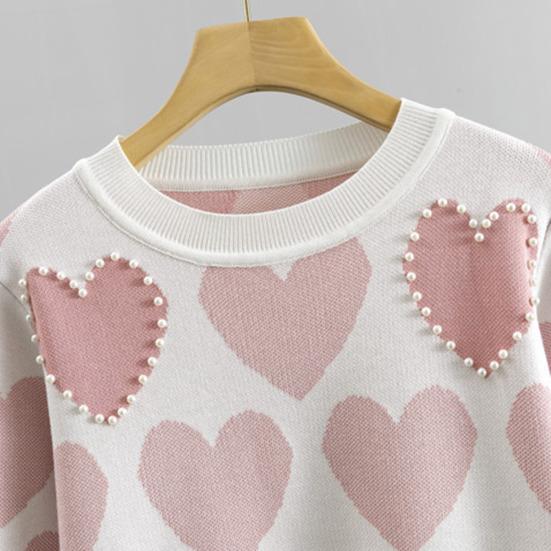 2 шт./комплект Женский комплект: топ и брюки, принт в виде сердечек, украшение бусинами, круглый вырез, длинные рукава, толстовка, эластичный пояс, манжеты на щиколотках, спортивные брюки