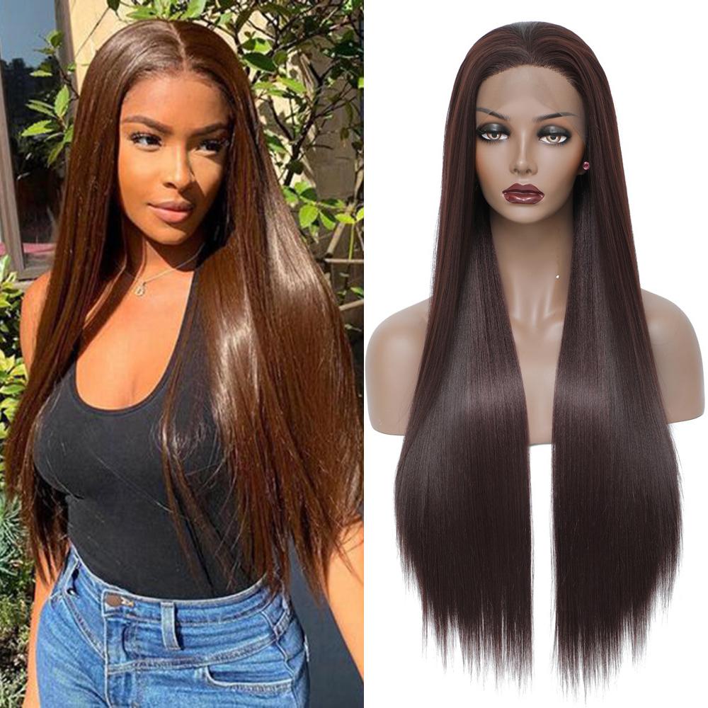 3X13 Lace Frontal Synthetic Wig Long Wavy Hair For Black Women Free Part Brown Color High Density Transparent Lace Front Wig