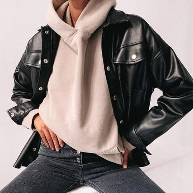 Streetwear Black PU Leather Blouse Women Cardigan Buttons Fashion Women's Shirt Top Long Sleeve Solid Leather Blouses