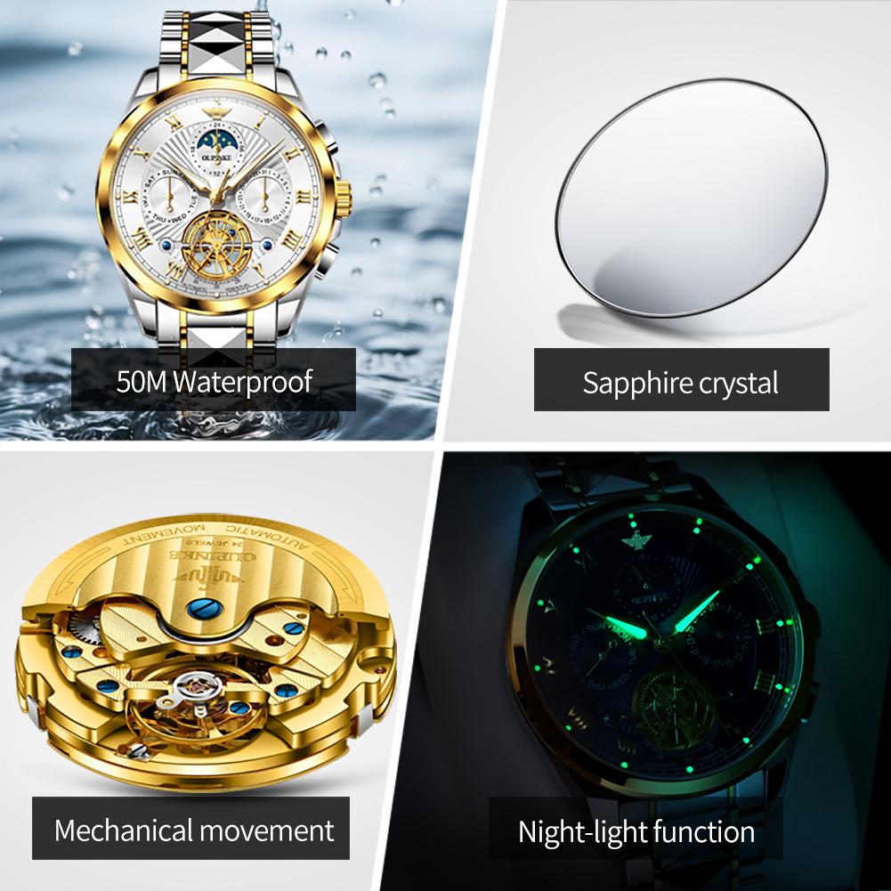 OUPINKE 3322 Men Mechanical Movement Watch Stainless Steel Strap Date Subdial Calendar Window Night Light 50m Waterproof Watch