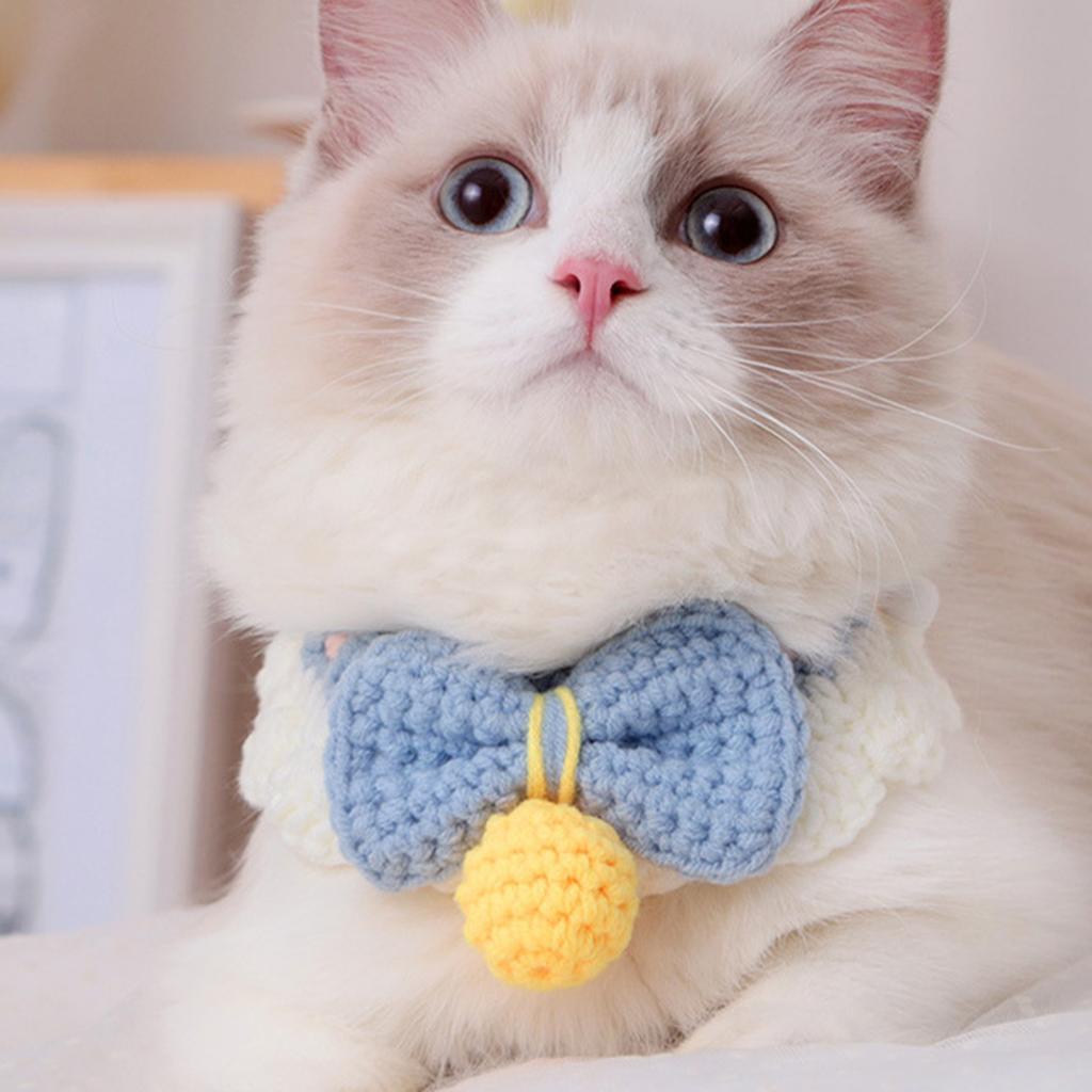 Knitting Cat Collar with Bell Bow Tie Decoration Kitten Bib Accessory Cute Pet Neck Wrap for Small