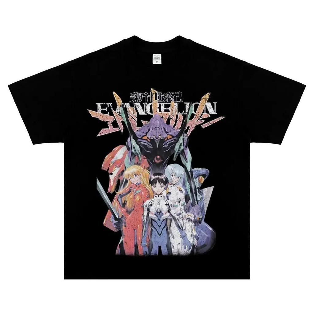 Футболка оверсайз с главными персонажами Neon Genesis Evangelion и Евой-01, унисекс, уличная одежда в стиле аниме про мехов, повседневная футболка с коротким рукавом, 100% хлопок