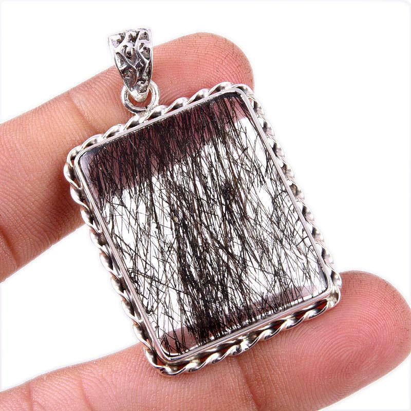 Natural Black Rutile Gemstone 925 Solid Sterling Silver Gift Pendant 2.5" w0G17