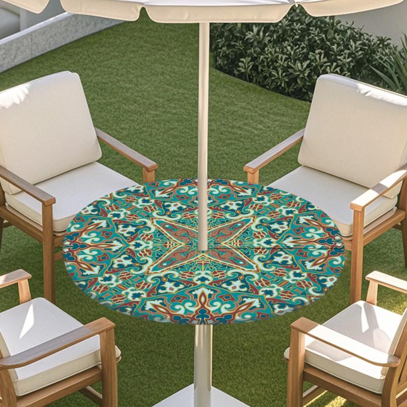 Outdoor Round Table Cover With Geometric Waterproof Elastic Edge Patio Garden Dining