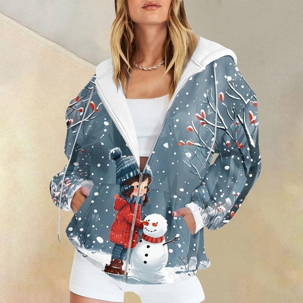 Женская мода повседневная рождественская принтовая толстовка зимняя с длинным рукавом кардиган куртка с карманом на молнии толстовка с капюшоном куртка