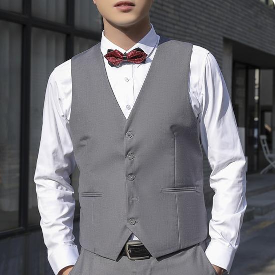 Мужской костюмный жилет V-образный вырез без рукавов однобортный жилет с карманами однотонный эргономичный
