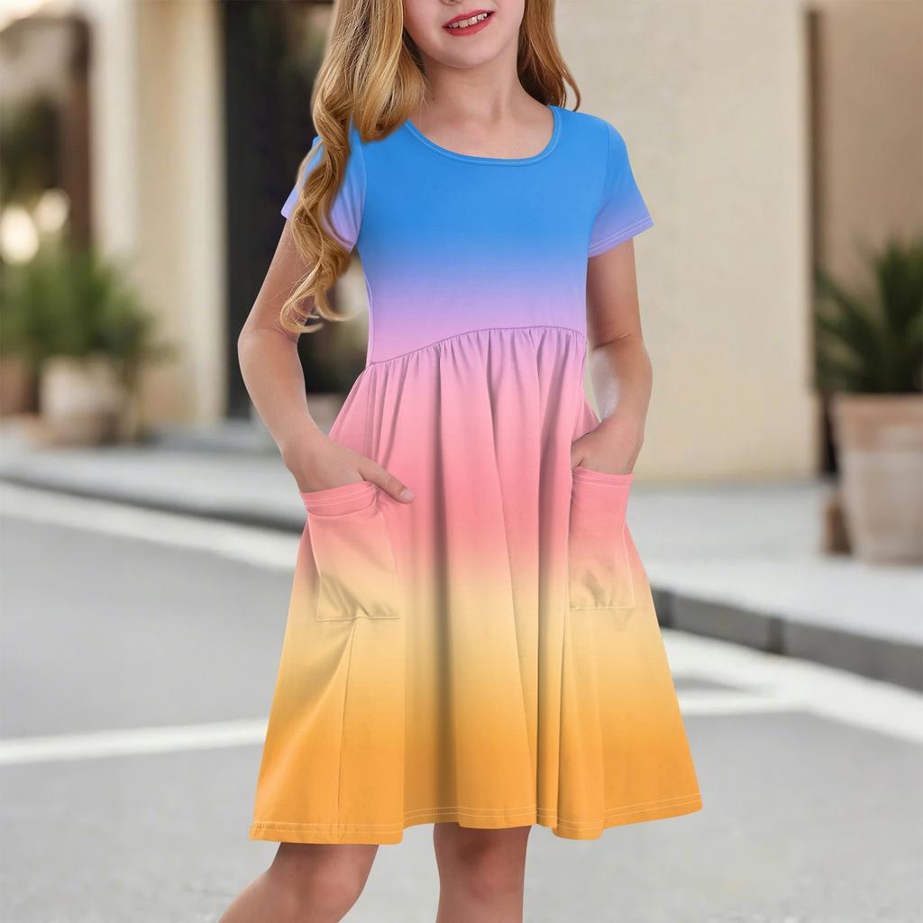 Детская юбка с круглым вырезом и коротким рукавом, платье принцессы, модное повседневное платье с карманами для девочек