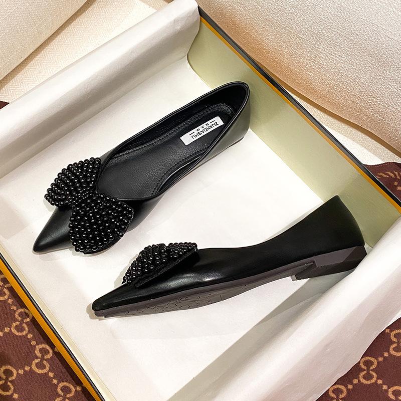 2024 модная женская элегантная обувь на плоской подошве с острым носком, милые повседневные туфли на плоской подошве, женские мягкие дышащие туфли с блестящими жемчужинами и цветами