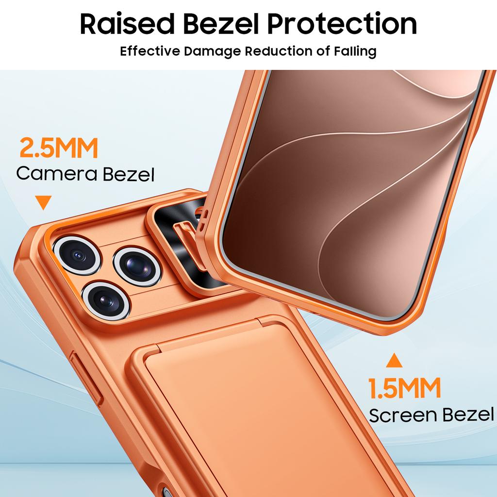 RFID Blocking Wallet Case with Card Holder Sliding Camera Cover and Kickstand for iPhone 18 Pro Max iPhone 17 Pro Max-Orange