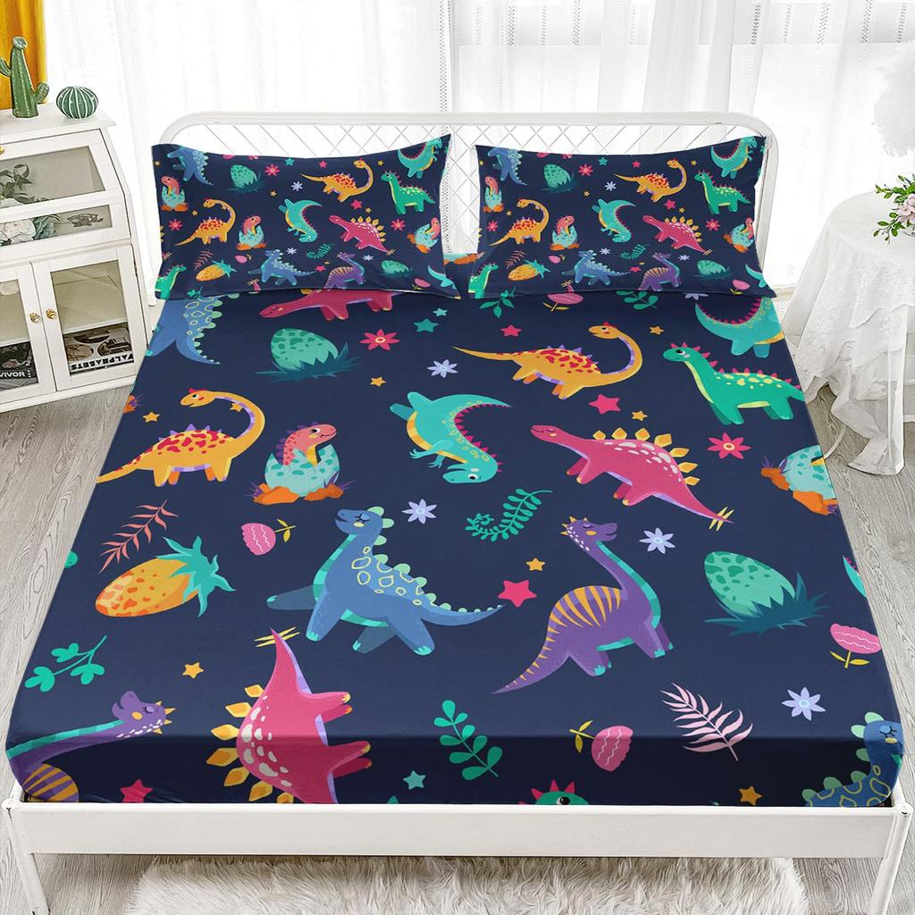 Многоцветный мультяшный узор с динозаврами, шапка на кровать из трех частей, цифровая печать, милый узор, постельный комплект