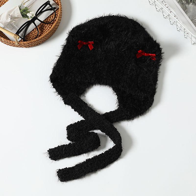 Модная шапка-бант, вязаная теплая шапка, женская осенне-зимняя шапка-пуловер с защитой ушей, коса, плюшевая шапка, шапка для езды на электромобиле