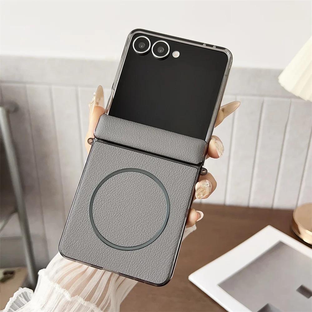 Бизнес Винтажный Чехол из ПУ Кожи с Магнитной Беспроводной Зарядкой для Samsung Galaxy Z Flip 7 Ударопрочная Защитная Крышка для Шарнира