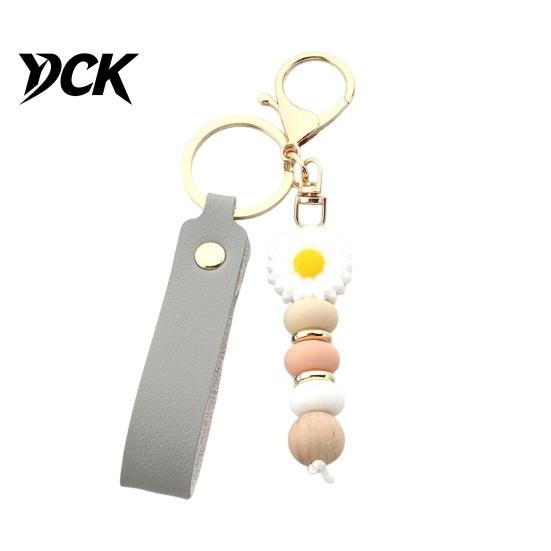 Decorative Handbag Charm Silicone Flower Keychain with Faux Leather Wristlet, Car Key Bead Wristlet Ring Pendant, Backpack Wood Beads Strap