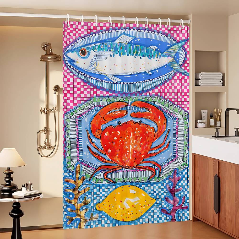 Colorful Sardine Lobster Fish Ocean Bathroom Curtain Classic Anime Fabric Shower Curtain With 12 Hooks Waterproof Bathroom Decor