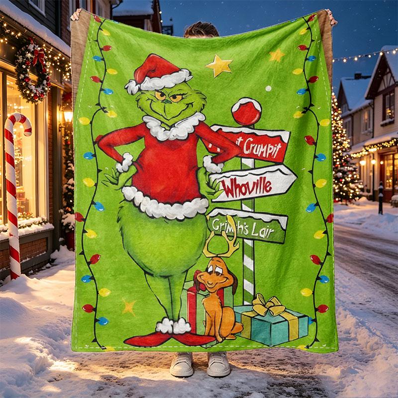 The Grinch Pattern Blanket for Home Decoration, Bed, Sofa, Car Travel, Camping, Suitable for All Seasons, Birthday Christmas Gift