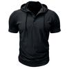 Men Green Short Sleeve Hooded Henley Neck Drawstring Casual Summer T Shirt