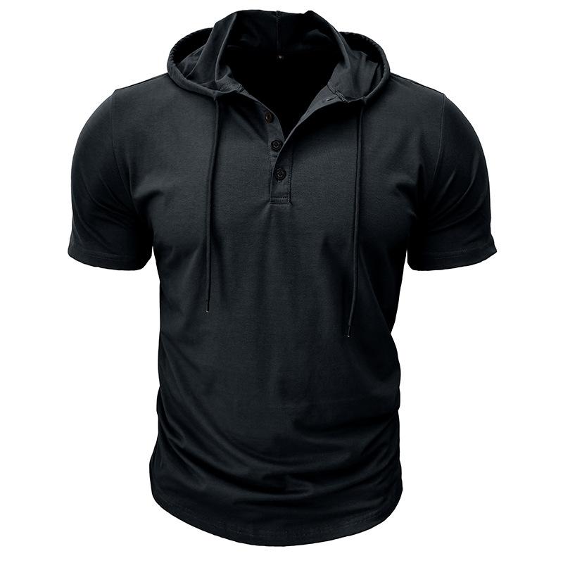 Men Green Short Sleeve Hooded Henley Neck Drawstring Casual Summer T Shirt