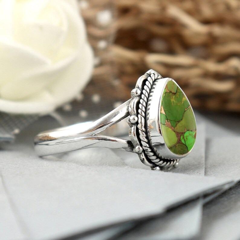 Green Copper Turquoise Pear Gemstone Ring, 925 Sterling Silver Ring, Bohemian Ring, Silver Jewelry, Ring For Sale, Party Ring