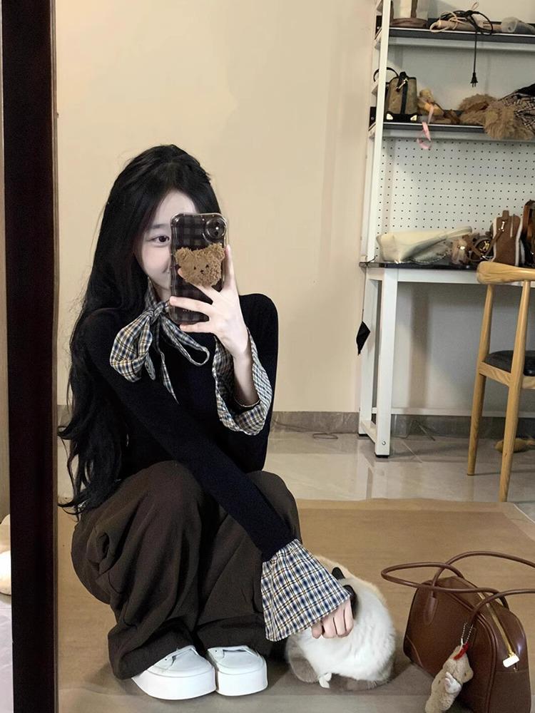 Клетчатый бант, двухслойный женский топ с длинным рукавом, приталенного кроя, на все сезоны