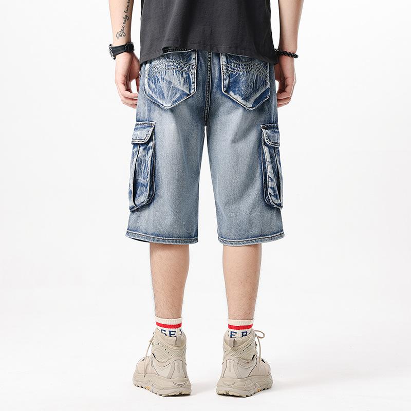 Летние мужские синие джинсовые шорты с несколькими карманами, уличная одежда, свободные прямые джинсовые шорты большого размера