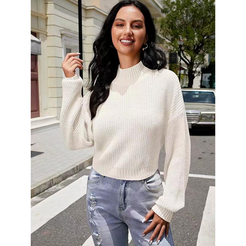 European and American lantern sleeve sweater autumn and winter new solid color versatile fashion semi-turtleneck short sweater women