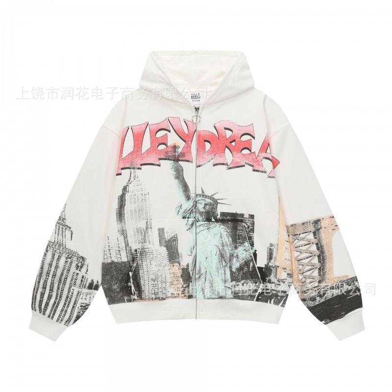 American Vintage 3D Print Hooded Zip Up Sweatshirt Loose Fit Streetwear Couple Top