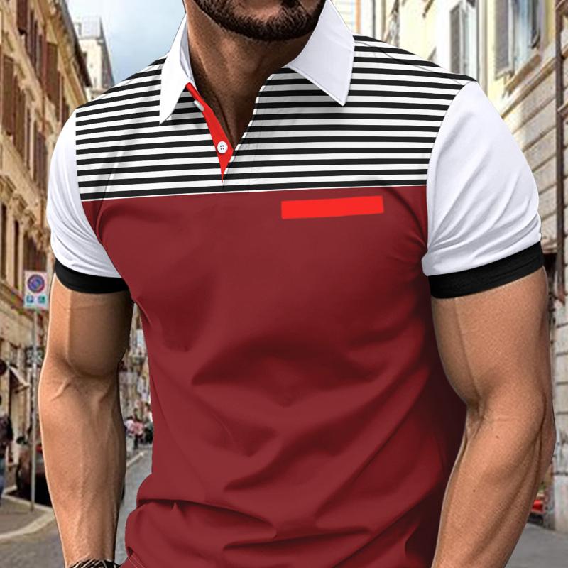 Летняя мужская повседневная рубашка-поло с коротким рукавом и принтом в полоску с фальшивыми карманами и лацканами