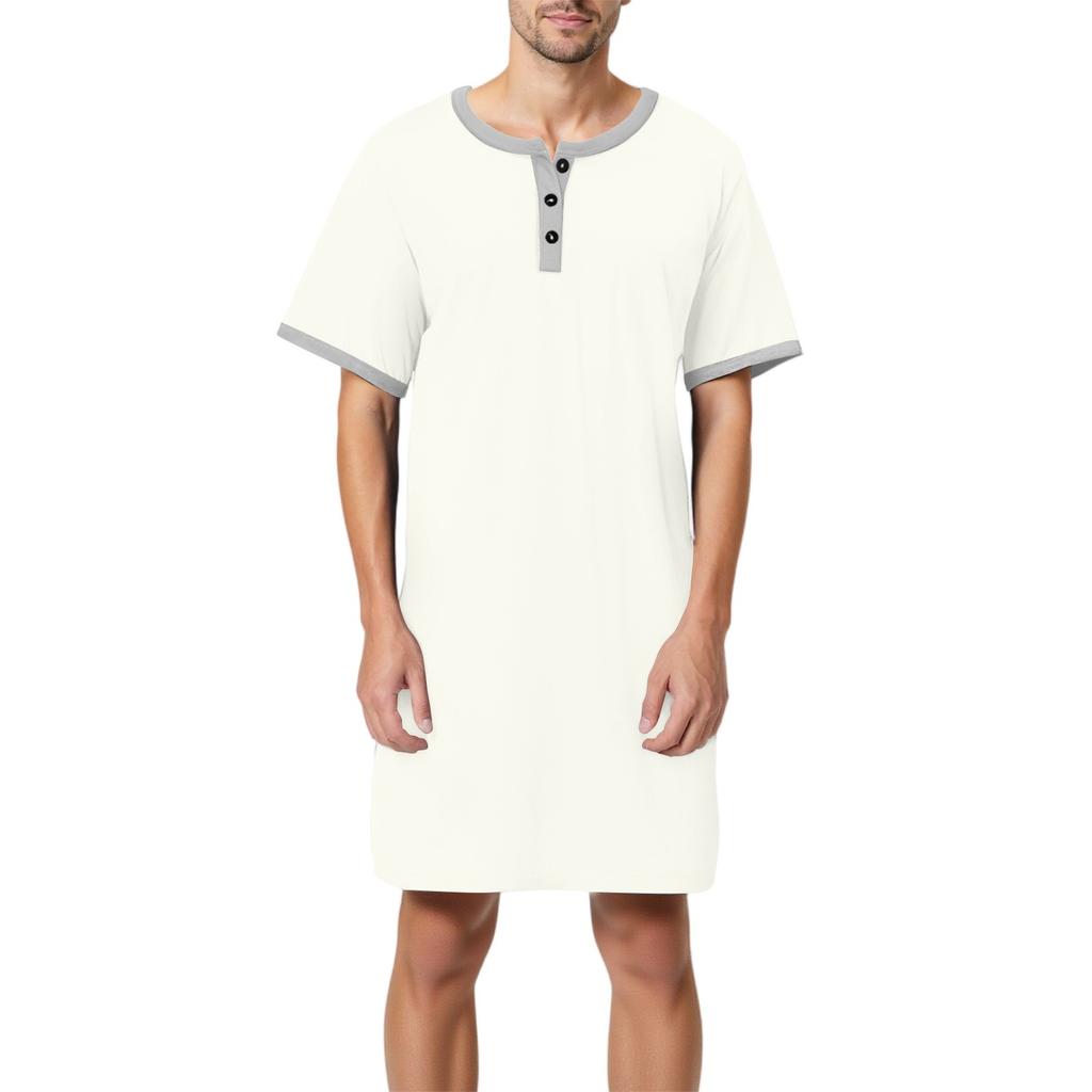 Men's Solid Color Cotton Short-sleeved Pajamas Button-down Collar Long Loose Pajamas Home Clothes