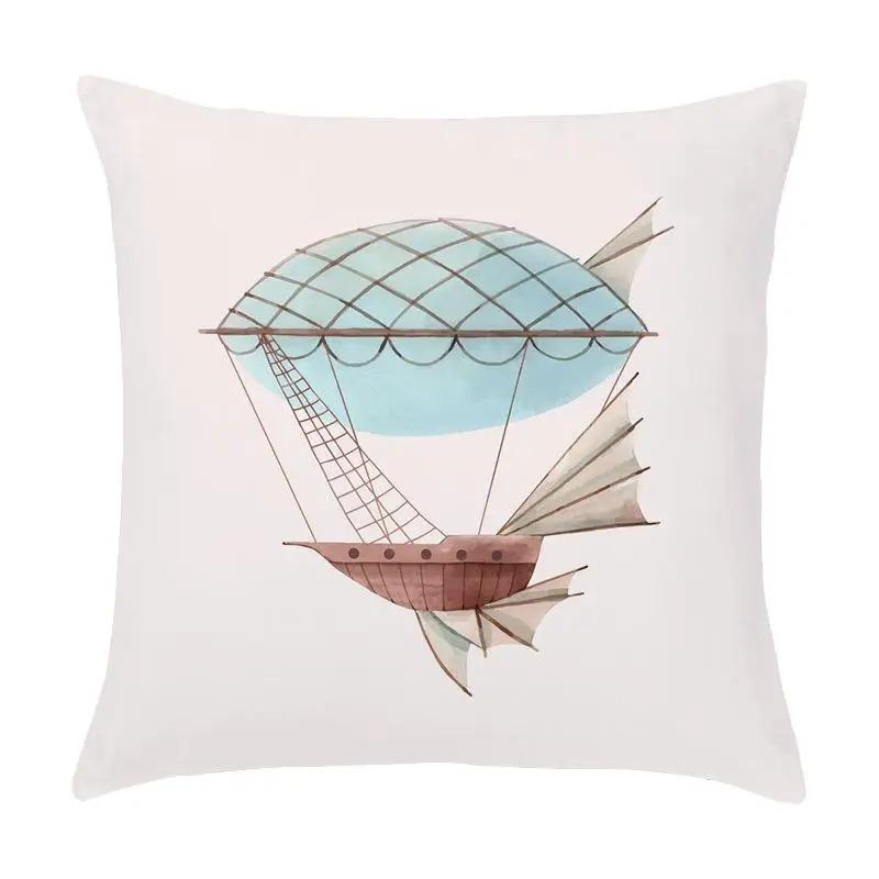 Cartoon Nautical Series Hot Air Balloon Lighthouse Print Pillow Cover Home Room Office Seat Living Room Sofa Cushion Cover