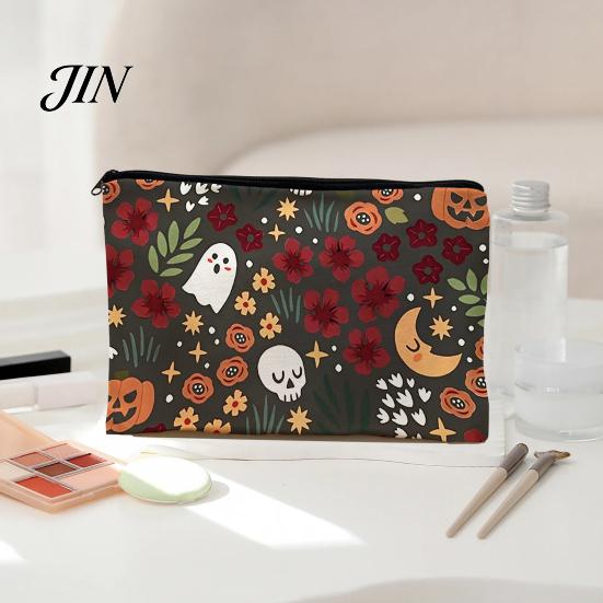 Thick Fabric Storage Bag Bag, with Halloween Pattern Printed, Smooth Zipper Themed Organizer Canvas Makeup Large Capacity Travel Cosmetic Pouch
