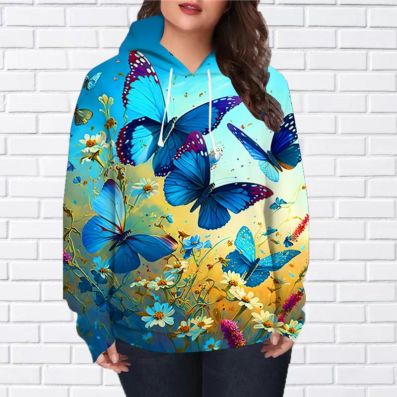 Женская мода синяя блузка с принтом бабочек, свободная толстовка с капюшоном, повседневная блузка с длинным рукавом, пуловер