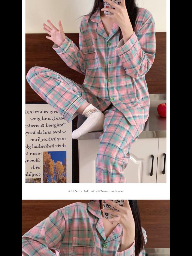 Japanese Style Girls Plaid Pajama Set - Cute Long Sleeve Fresh Homewear
