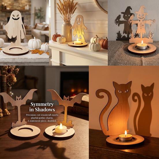 Halloween Candle Holder Wooden Holder, Silhouette Ghost/Bat/Scarecrow/Bat Bat Shadow Casting Tealight for Home Table Fireplace Decor Black Cat Base