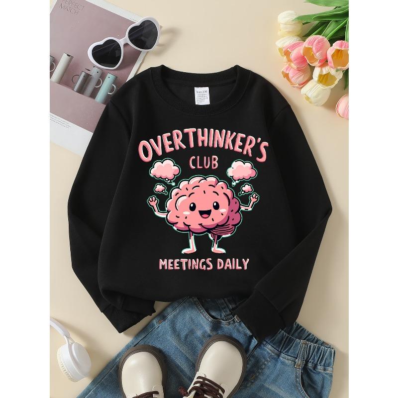 Kids Crewneck Long Sleeve Pullover Sweatshirt, Cute Brain Character With Thought Bubble Graphic Print
