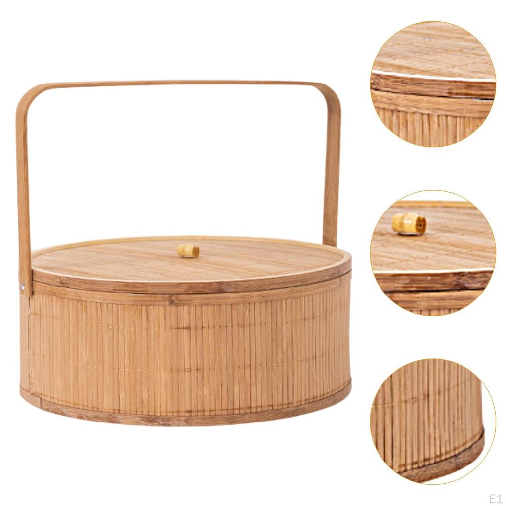 Плетеная вручную бамбуковая корзина-коробка, корзины для пикника, домашний декор с крышкой, портативный контейнер для хранения продуктов