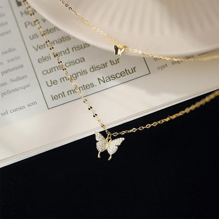 Fashion Silver Shiny Flash Butterfly Double Layer O Chain Necklaces Wedding Party Jewelry for Women