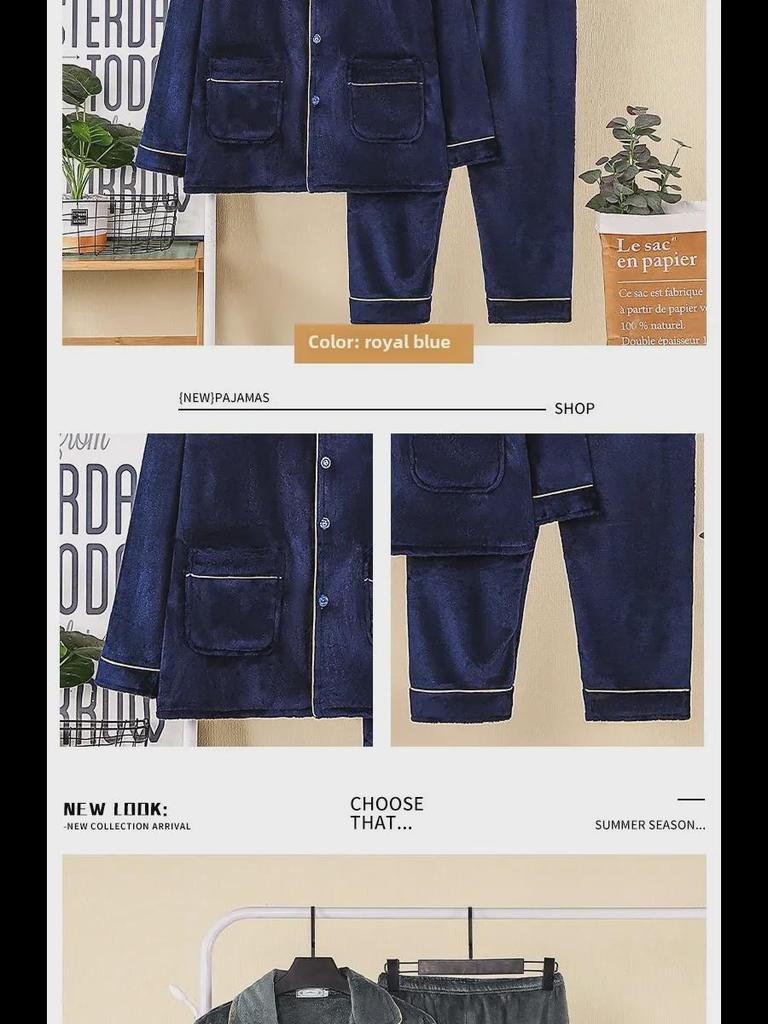 Мужской фланелевый пижамный комплект: Кардиган с длинными рукавами и лацканами, брюки, большие размеры, осень/зима.