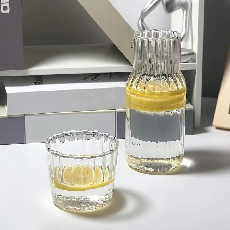 1Set Large-capacity Stripe Drinking Cup Juice Jug Set Glass Bottle Pitcher Transparent