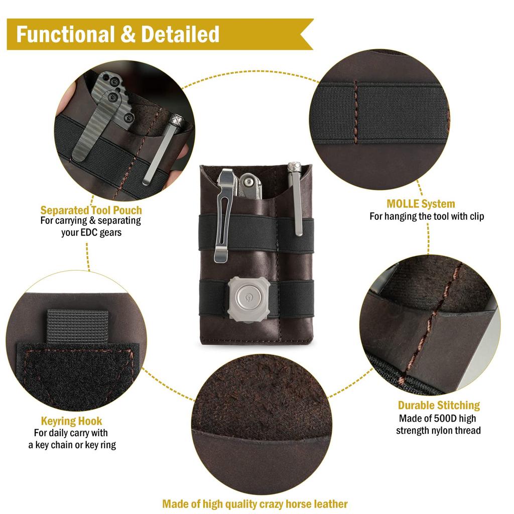 VIPERADE PL5 Карманный EDC органайзер с нашивкой DIY, кожаный EDC подсумок с 3 карманами для хранения инструментов для повседневного ношения, мужская зона, (коричневый