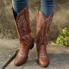 Модные ковбойские сапоги в стиле вестерн с острым носком и толстым каблуком для женщин, ретро-ботинки с V-образным вырезом и вышивкой, коричневые рыцарские ботинки, женская обувь
