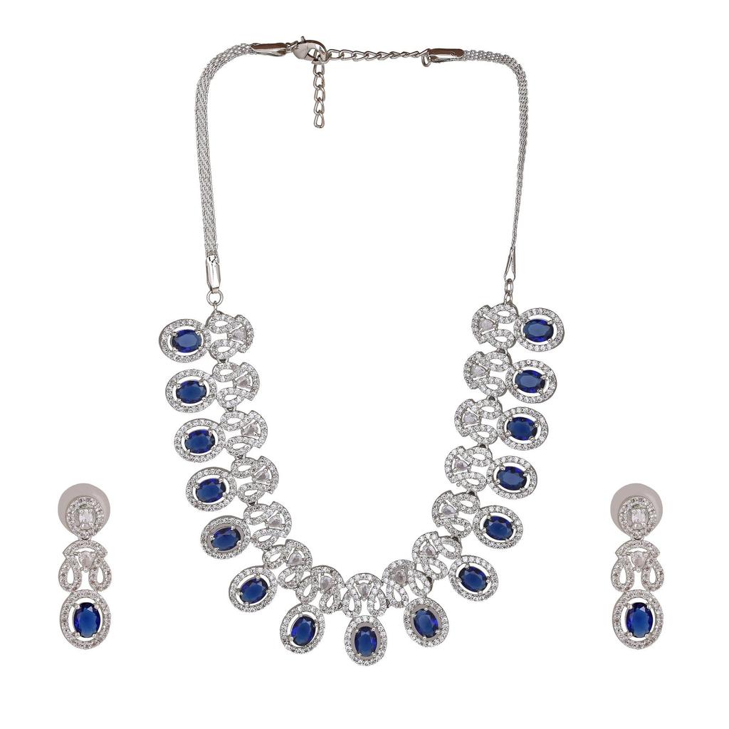 Estele Women's Sparkling Necklace Set with Rhodium Plated and CZ and Blue Crystals