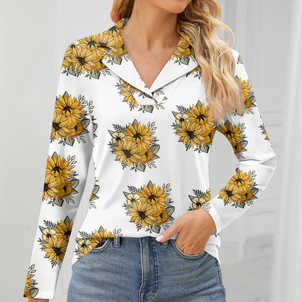 Women's Fashion Leisure Long Sleeve V Neck Flower Printing Top