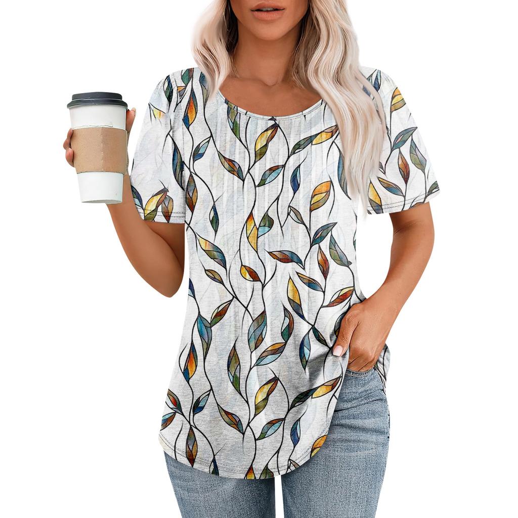 Women's Fashion Printed Casual Pleated Round Short Sleeve T-Shirt Top