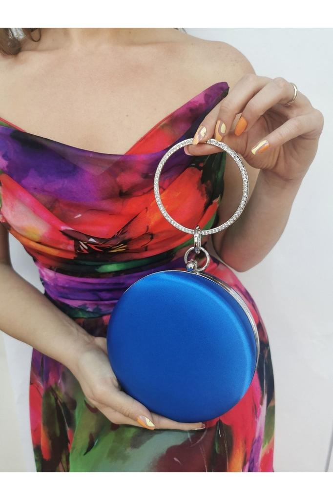 Women's Stylish and Useful Evening Dress Bag Women's Satin Saks Blue Round Evening Dress Clutch Portfolio Bag