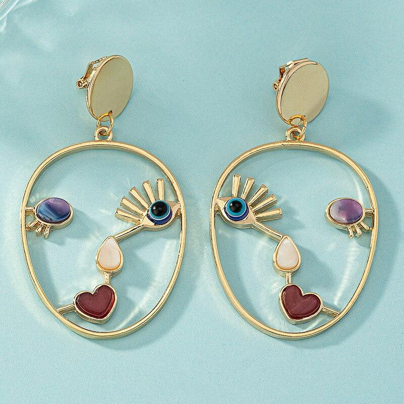 Креативные серьги-подвески с абстрактным лицом для женщин, полые геометрические серьги-подвески с бусами золотого цвета от сглаза, женские украшения