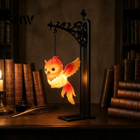 Retro Dark Fantasy Decor Hanging Magic Owl Bird Deer Bookend Lamp, Gothic Metal Bookshelf Light, Magical Lantern for Reading Nook Vintage Library